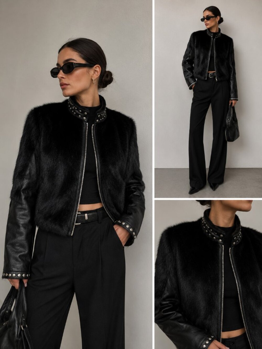 Ashley Stewart Genuine Rabbit Fur Leather Studded Moto Jacket Black Plus Size 2X